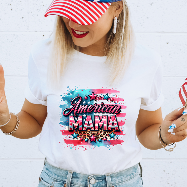 American Mama Watercolor Flag Background and Cheetah Print Pink & Blue DTF Transfer (Copy)