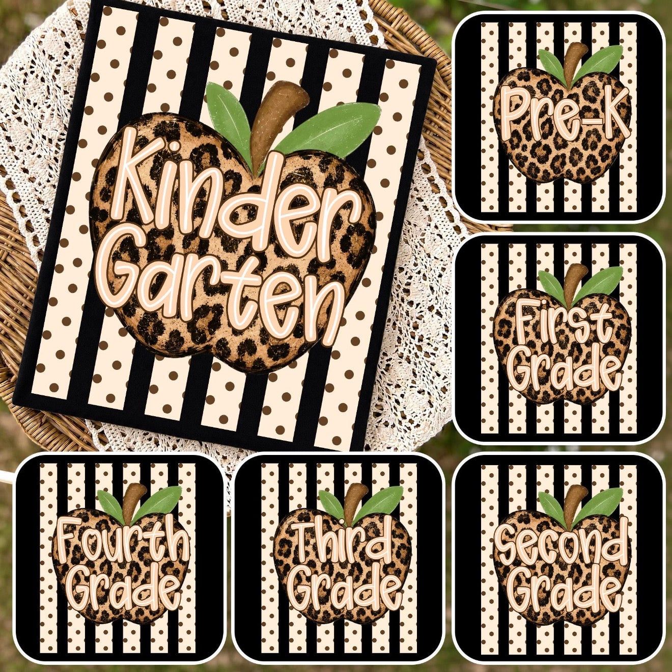 Dotty Stripes & Leopard Print Apple School Grades DTF Transfer