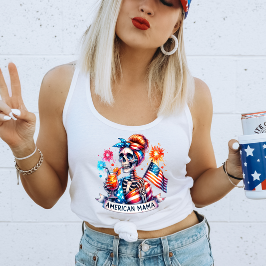American Mama Skeleton with Mom Bun & Fireworks DTF Transfer