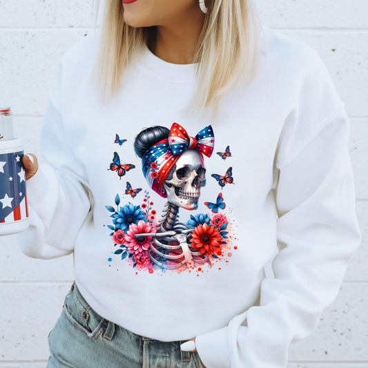 Skeleton with Mom Bun Flowers & Butterflies DTF Transfer