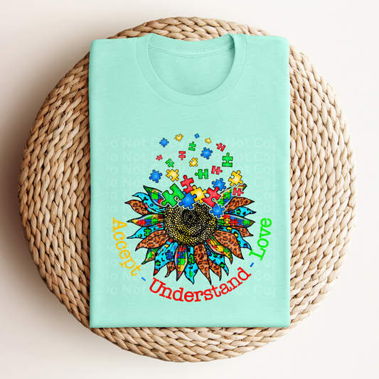 Accept Understand Love Puzzle Pieces fade into Sunflower DTF Transfer