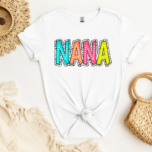 Nana - Colorful white dotted lettering over white/black background DTF Transfer