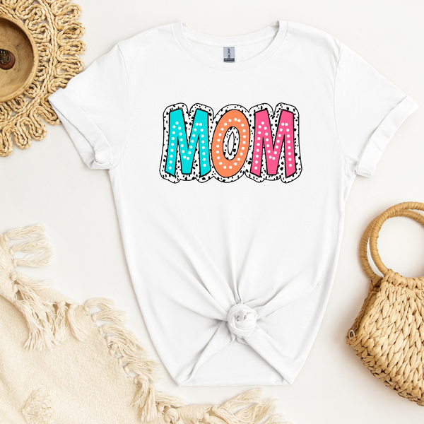 Mom - Colorful white dotted lettering over white/black background DTF Transfer