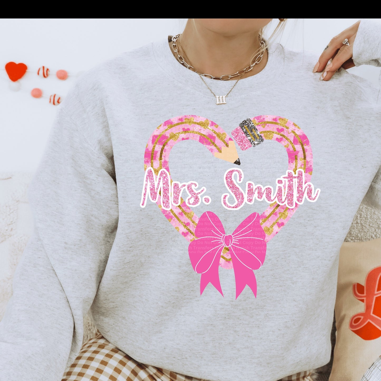 Custom Valentine’s Pencil Heart Bow w/ Name Design 1 DTF Transfer