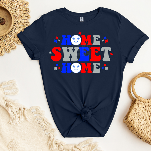 Home Sweet Home - Red Blue Grey w/White Smile faces DTF Transfer