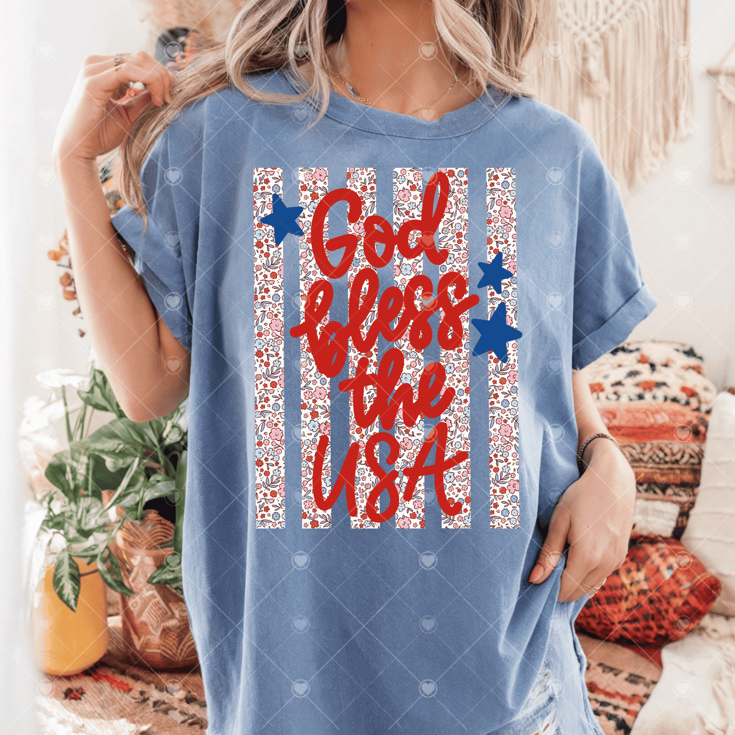 God Bless the USA pink floral stripes DTF Transfer
