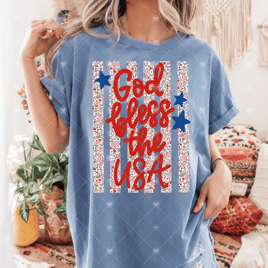 God Bless the USA pink floral stripes DTF Transfer