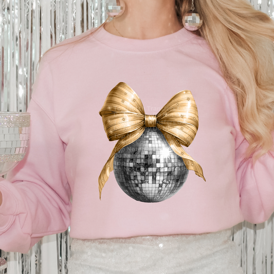 Silver Disco Ball with Large Gold Bow DTF Transfer