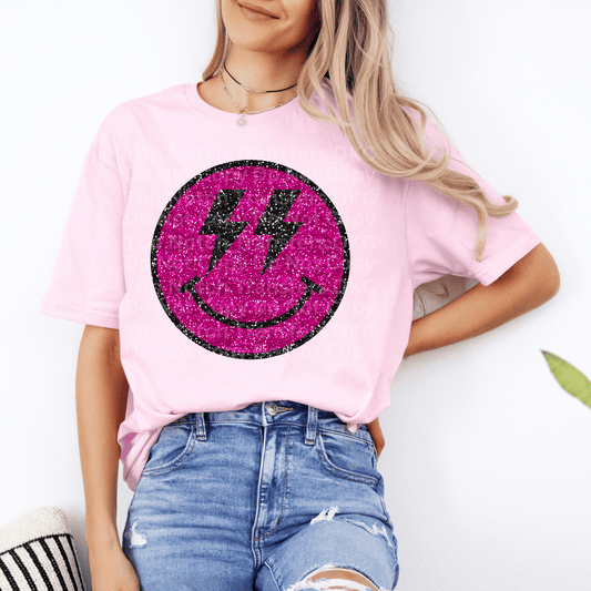 Pink Faux Glitter Smiley DTF Transfer