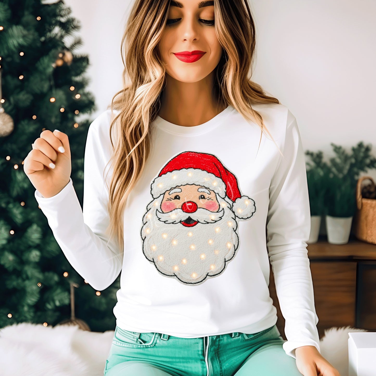 Faux Yarn Santa w/ Lights DTF Transfer