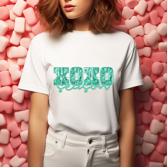 XOXO Season Aqua Faux Sequin DTF Transfer