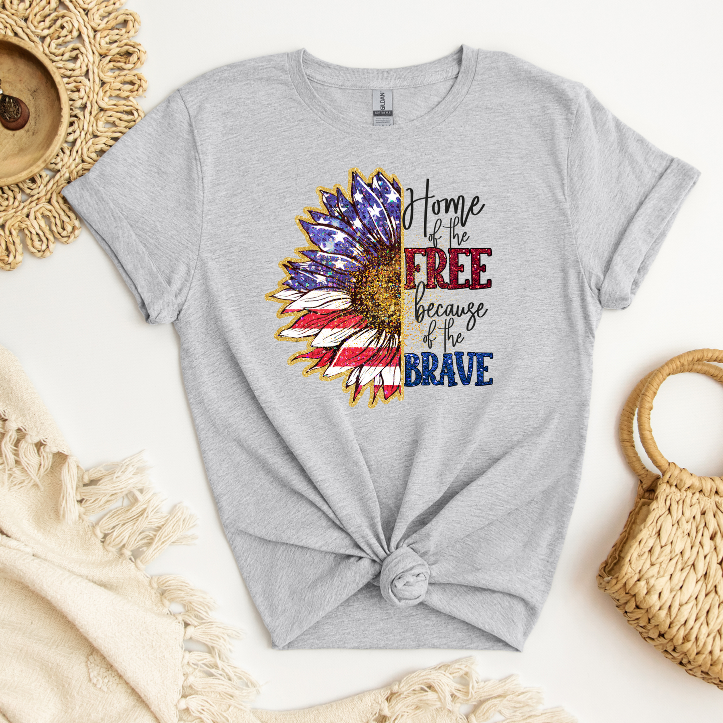 Home Of The Free Because Of The Brave - Half Patriotic Flower Gold Outlined DTF Transfer