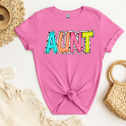 Aunt - Colorful white dotted lettering over white/black background DTF Transfer