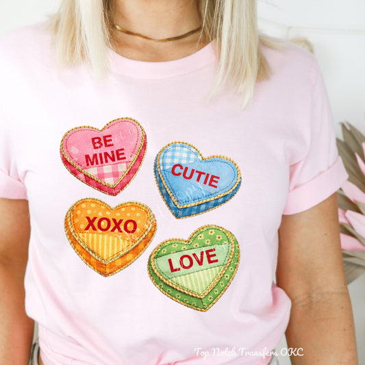 Faux Appliqué Candy Hearts DTF Transfer