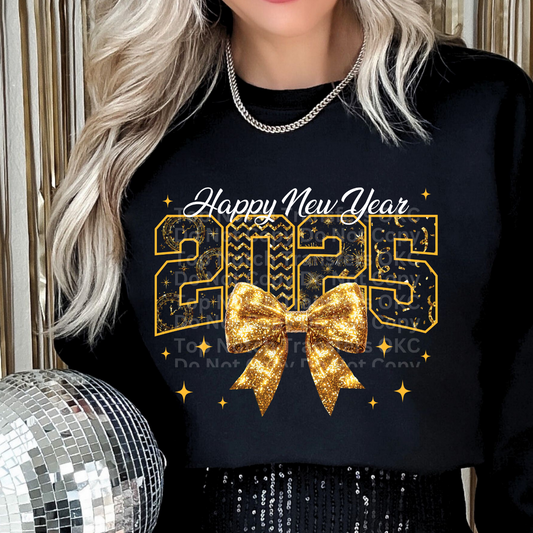Happy New Year White/Gold with Bow DTF Transfer