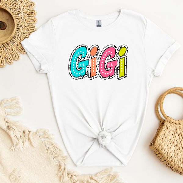 Gigi - Colorful white dotted lettering over white/black background DTF Transfer