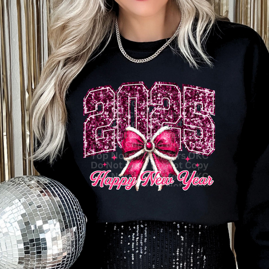 2025 Happy New Year Pink Faux Glitter DTF Transfer