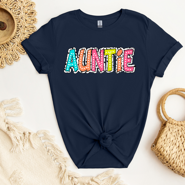 Auntie - Colorful white dotted lettering over white/black background DTF Transfer