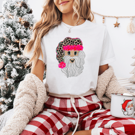 Happy Santa w/Leopard & Pink Hat (Light) DTF Transfer
