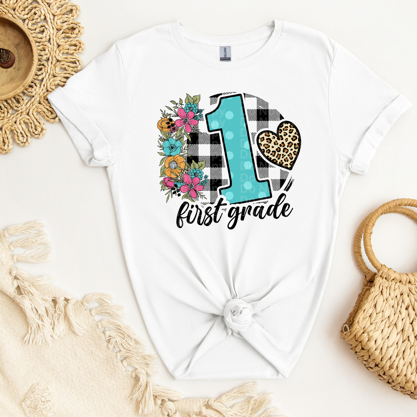 First Grade Blue with Black & White Plaid Circle DTF Transfer
