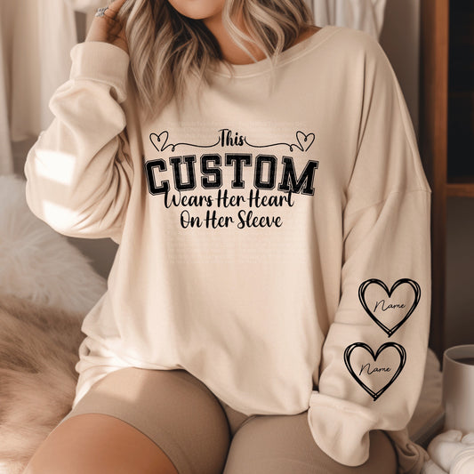 This Custom wears her heart on her sleeve Black *Custom- leave names & sleeve heart names/colors in checkout notes*
