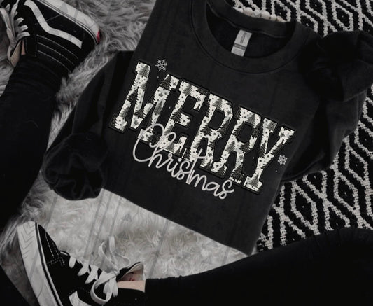 Black & White Merry Christmas Faux Embroidery DTF Transfer