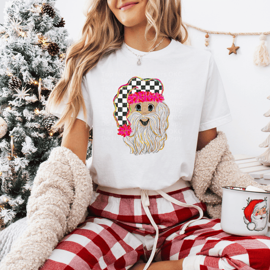 Happy Santa w/Checkered & Pink Hat (Light) DTF Transfer