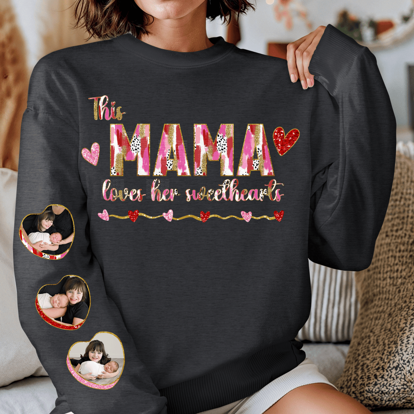 Valentine’s This Mama loves her sweethearts, includes 3 picture hearts DTF Transfer (*email pictures for order to Topnotchtransfersokc@gmail.com with order number)