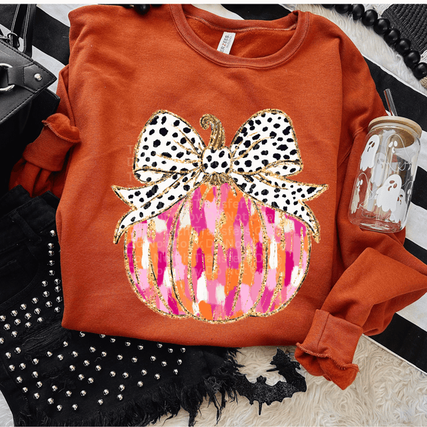 Pink Watercolor Pumpkin w/ Dalmatian Print Bow DTF Transfer