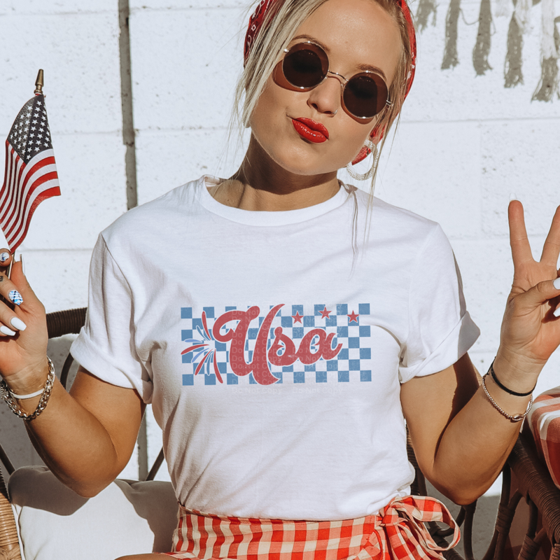 USA Red over Blue checkered background distressed DTF Transfer