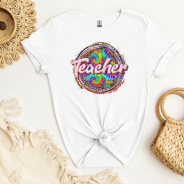 Teacher - Pink on Tye-Dye/Leopard Circle DTF Transfer