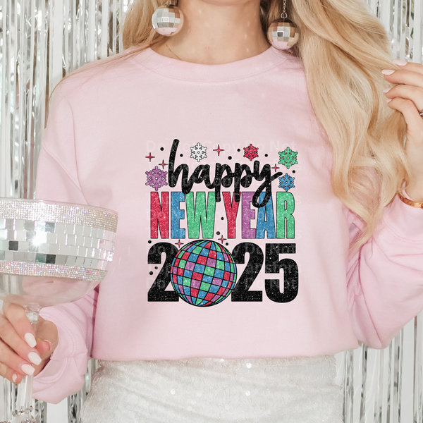 Happy New Year2025 Blk Text Faux Sequins DTF Transfer