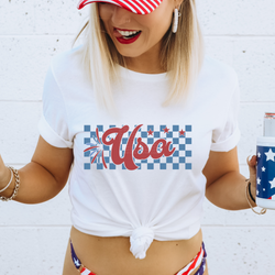 USA Red over Blue checkered background DTF Transfer