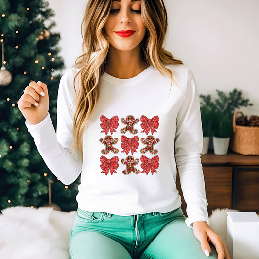 Gingerbread Men & Red Bow Coquette - Faux Glitter DTF Transfer