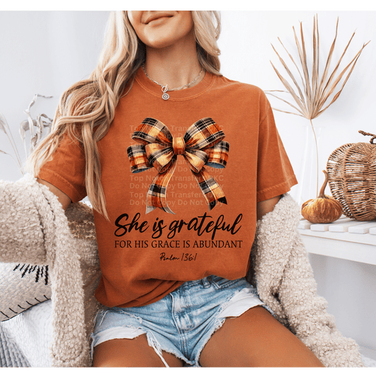 She Is Grateful Orange Plaid Bow DTF Transfer