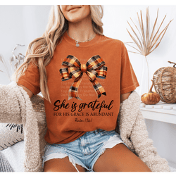She Is Grateful Orange Plaid Bow DTF Transfer