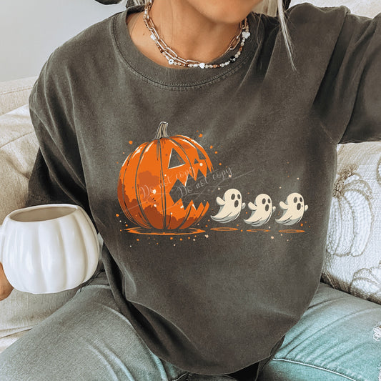 Pumpkin Pac-Man chasing ghosts DTF Transfer