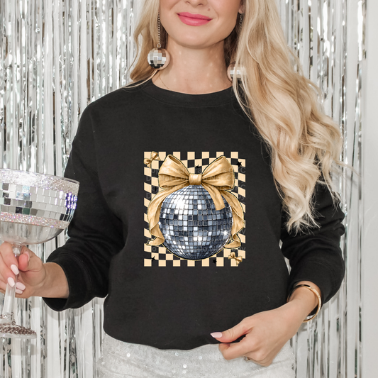 Silver Disco Ball with Gold Bow Checkered DTF Transfer