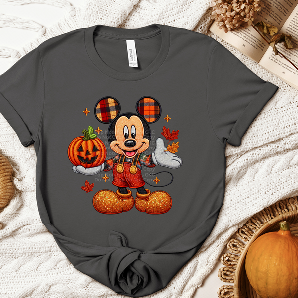 M. Mouse w/Jack-O-Lantern Faux Glitter/Embroidery DTF Transfer