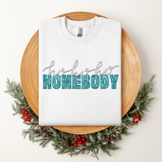 Ho Ho Ho Homebody White Aqua Sequin DTF Transfer