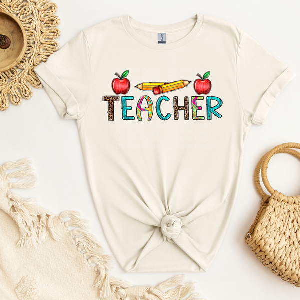 Teacher Teal & Leopard with Apples and Pencils DTF Transfer