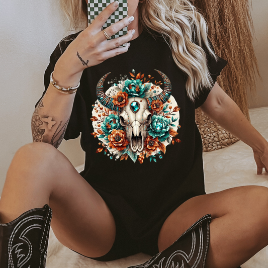 Skull with Teal & Orange Flowers DTF Transfer