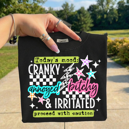 Today’s Mood- Cranky, Annoyed, Bitchy & Irritated, Proceed with Caution White Text DTF Transfer