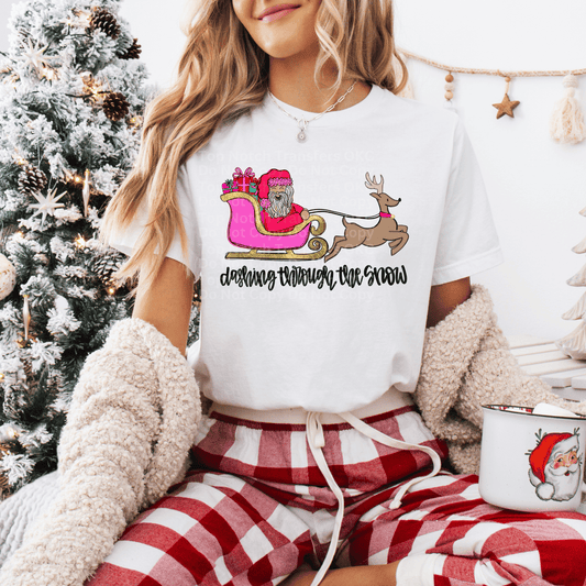 Dashing Through the Snow -Santa Wearing Red On Pink Sley DTF Transfer