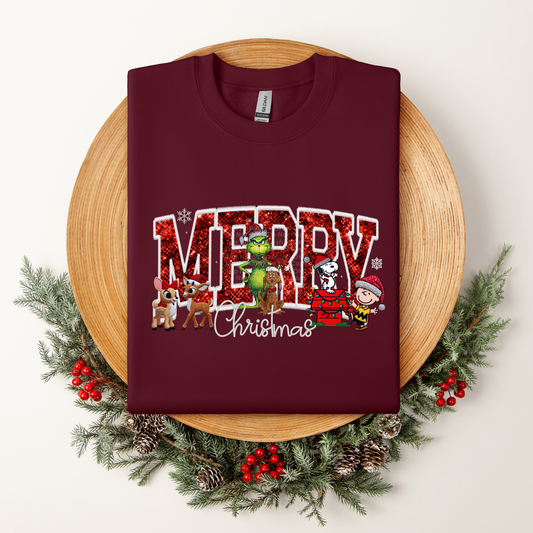 Faux Sequin Red Merry Christmas with Characters DTF Transfer
