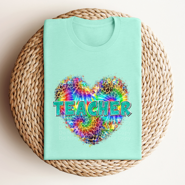 Teacher Teal on Tye-Dye Leopard Heart DTF Transfer