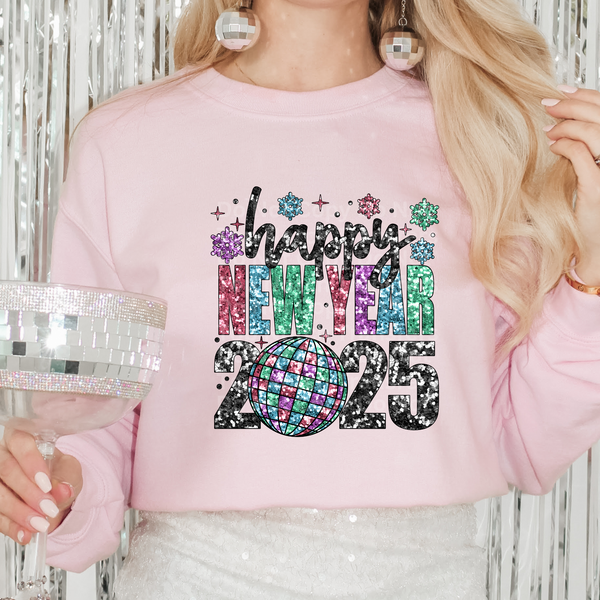 Happy New Year 2025 Disco/Snowflakes Faux Sequins DTF Transfer