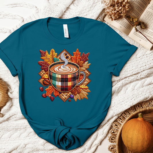 Plaid Mug w/Leaves - Faux Embroidery DTF Transfer