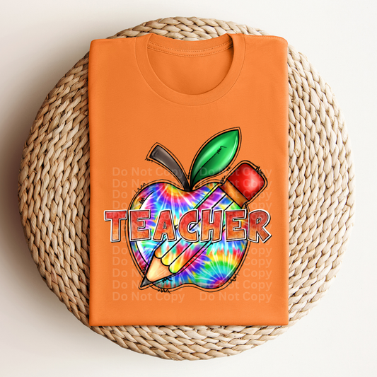 Teacher Orange over Pencil & Tye-Dye Apple DTF Transfer