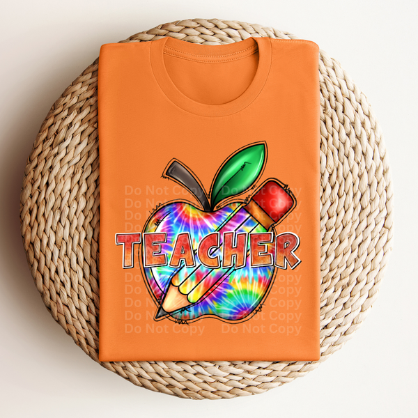 Teacher Orange over Pencil & Tye-Dye Apple DTF Transfer